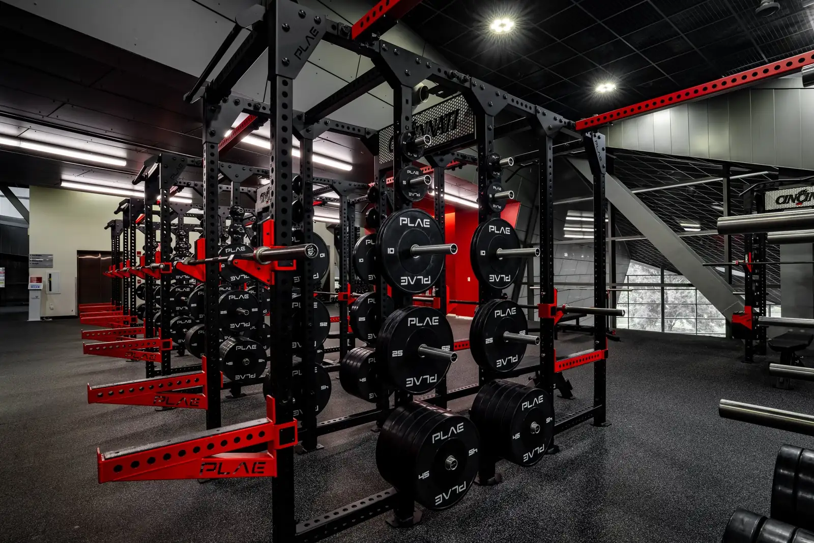 Angled view of custom PLAE ICONx racks with integrated plate storage, Olympic barbells and custom branded strength stations.