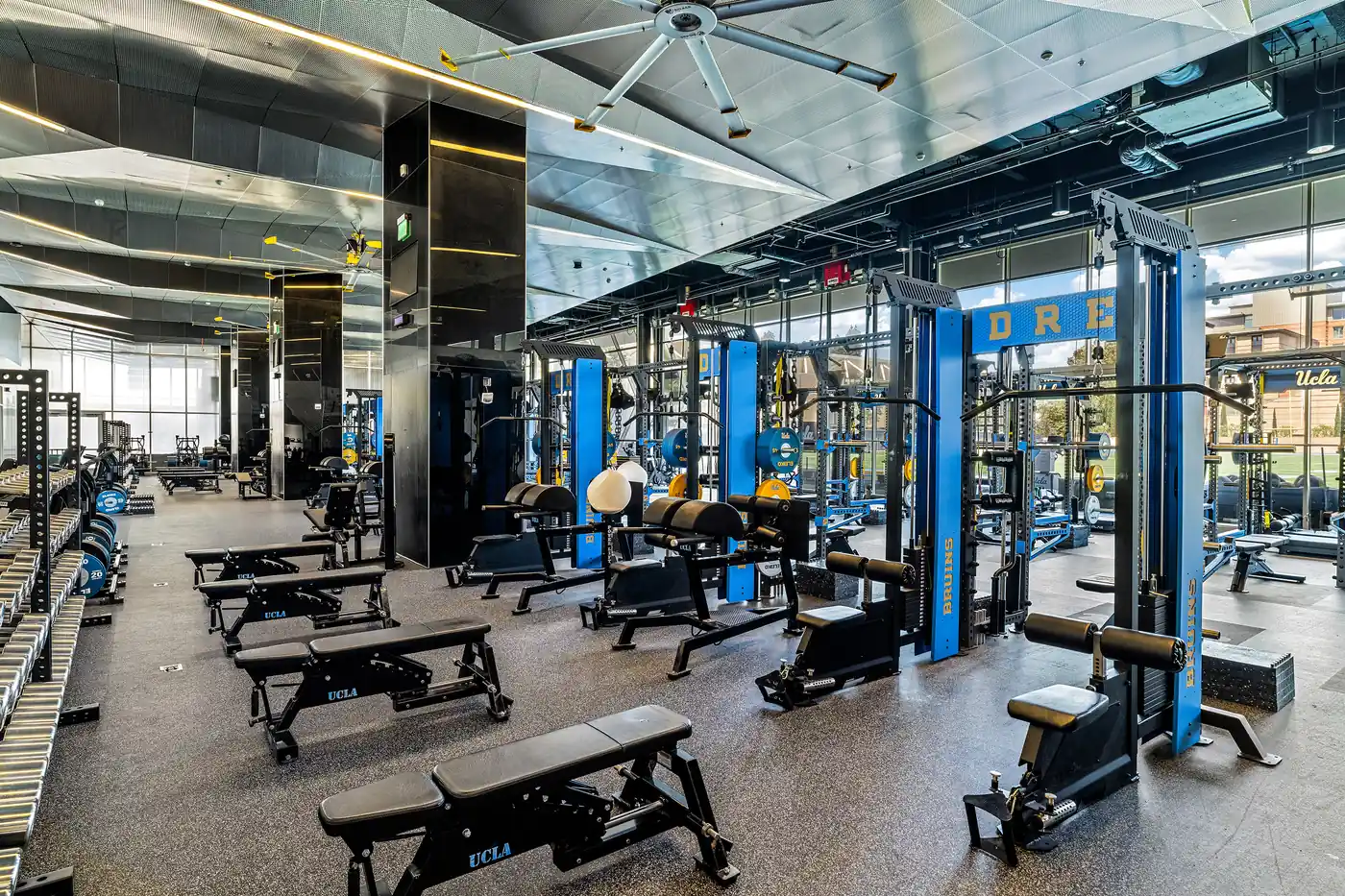 Weight training area with UCLA-branded cable machines, benches and free weights.