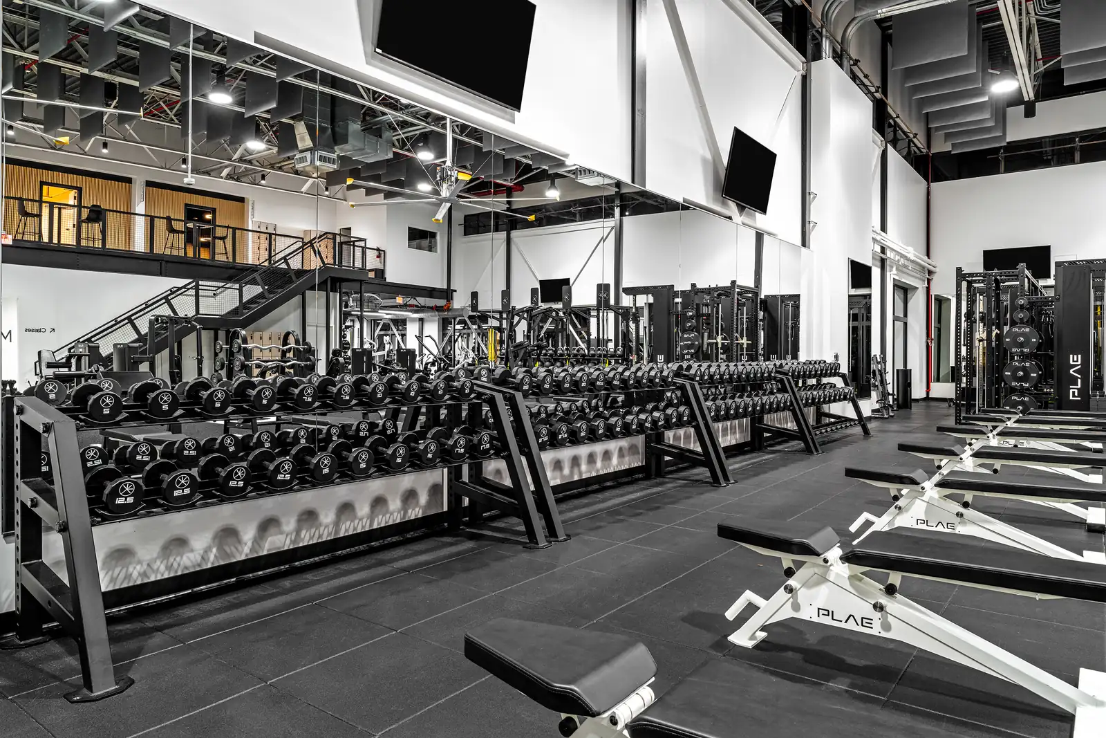 PLAE dumbbell rows and white-and-black PLAE adjustable benches, with a PLAE plate-loaded rack and squat rigs behind on the strength floor.