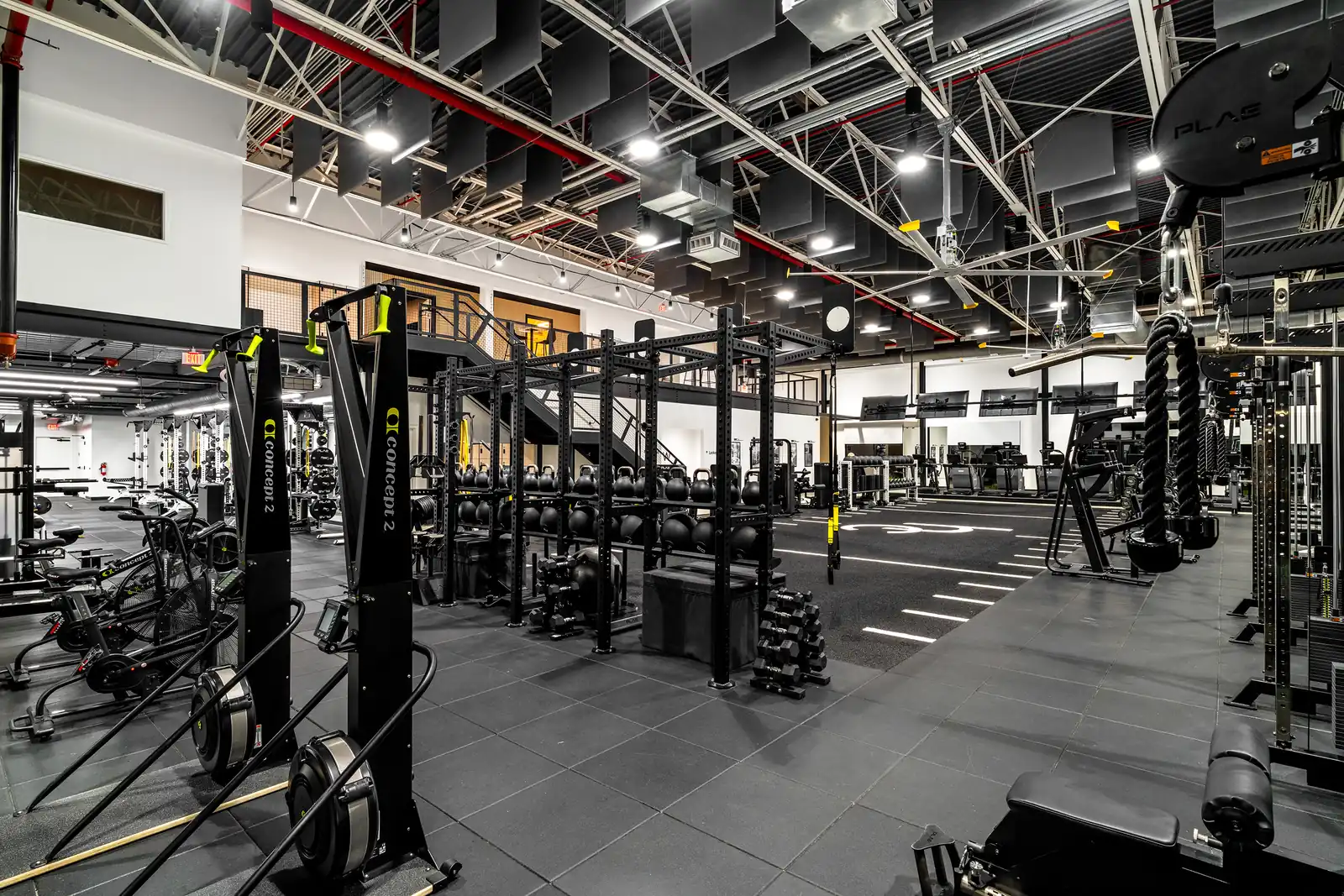 Concept2 SkiErgs and Assault bikes beside a PLAE functional rig loaded with kettlebells and slam balls, with a PLAE cable station in the foreground.