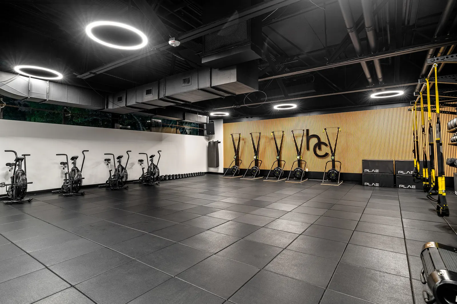 HIIT studio with Assault bikes and Concept2 SkiErgs against a wood-slat "hc" feature wall, with stacked PLAE plyo boxes and TRX straps.