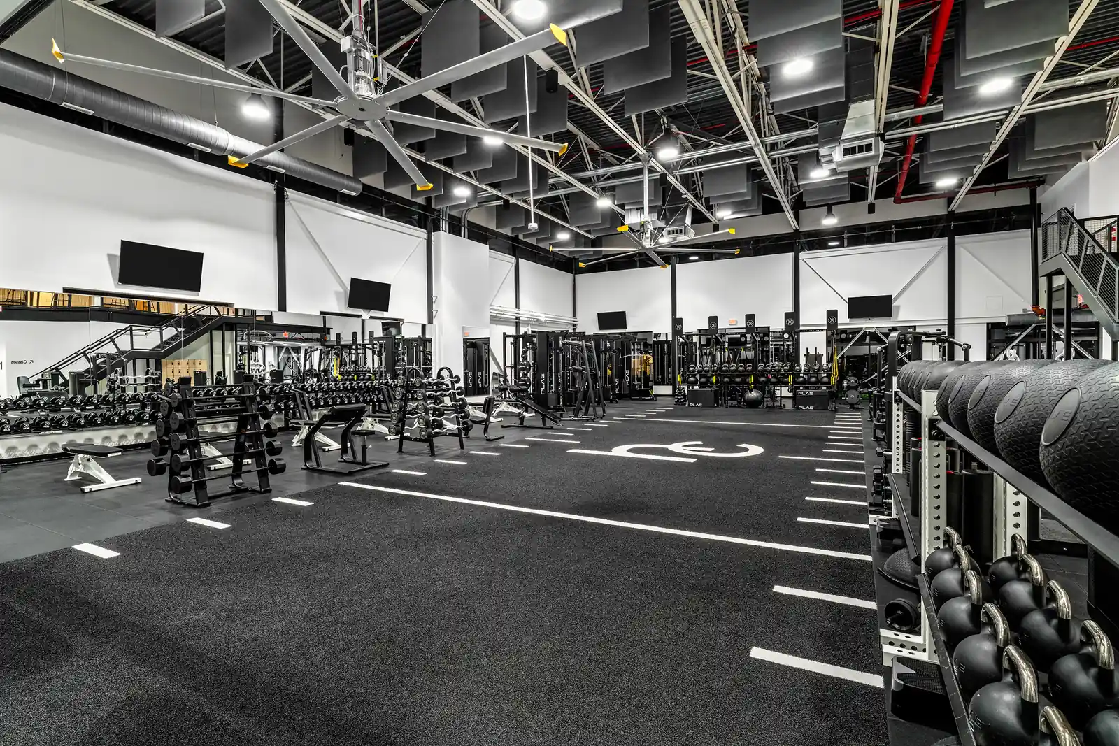 Free-weight area with PLAE dumbbell racks and benches in the foreground and PLAE plate-loaded machines and functional rigs along the back wall.
