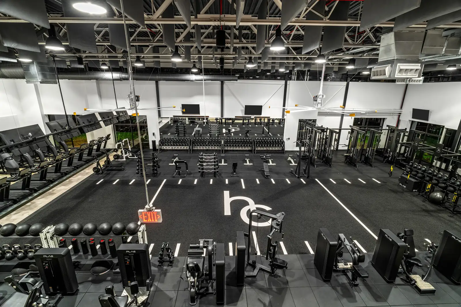 Elevated wide shot of The Health Club floor showing PLAE plate-loaded machines, long dumbbell rows and the "hc" logo set into the black turf.