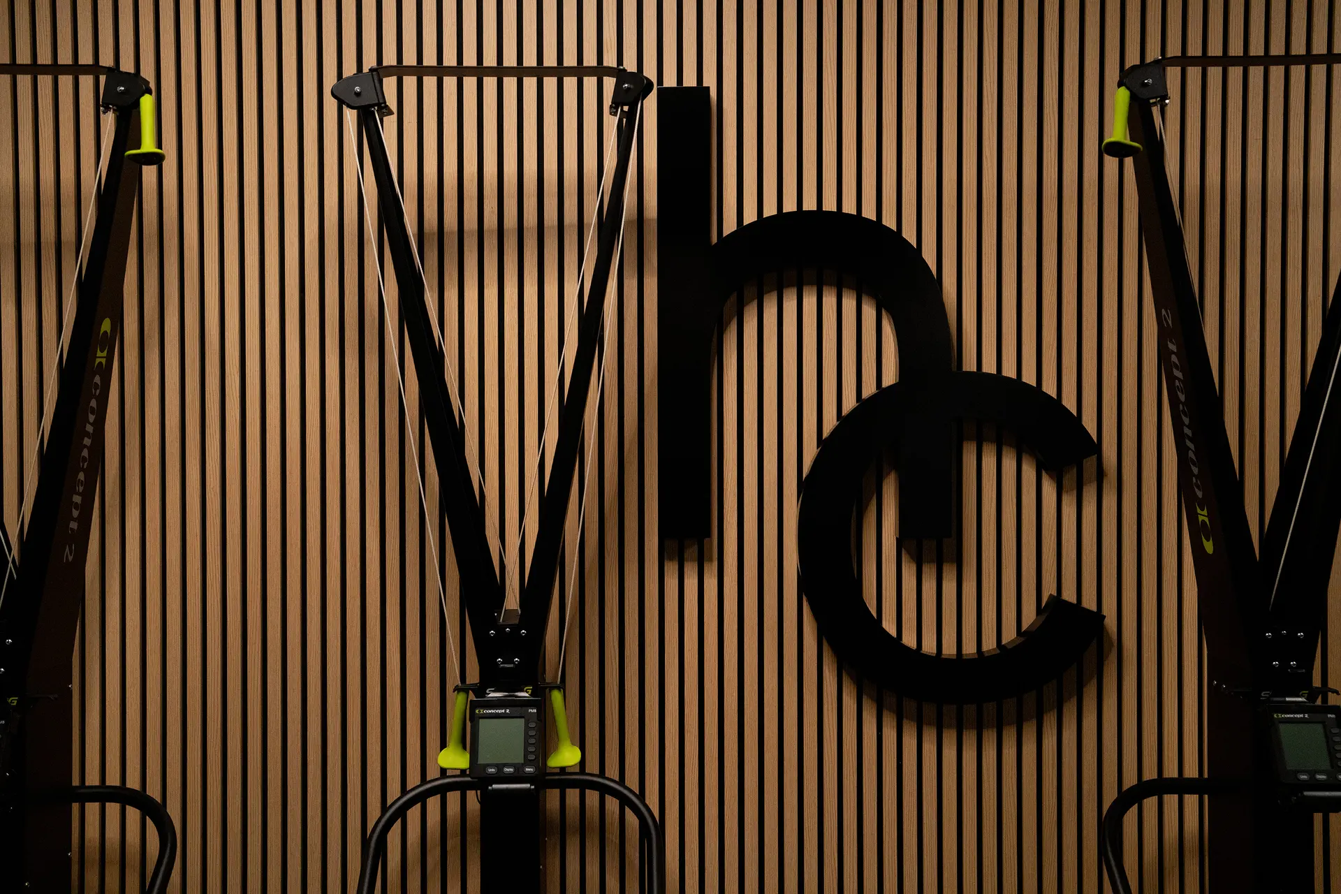 Cardio studio with Concept2 SkiErgs and Assault bikes lining a wood-slat "hc" feature wall, with branded PLAE plyo boxes stacked to the side.