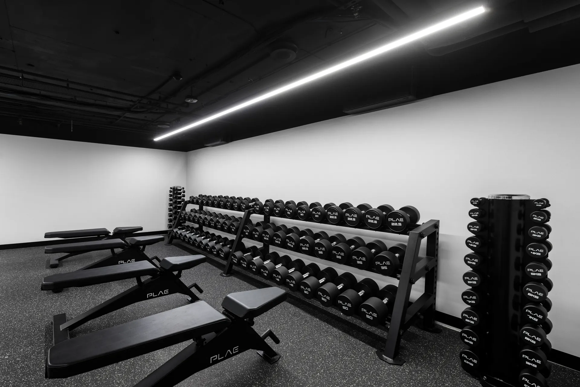 Dumbbell storage rack and adjustable benches along a white wall at Athletes Authority Sydney