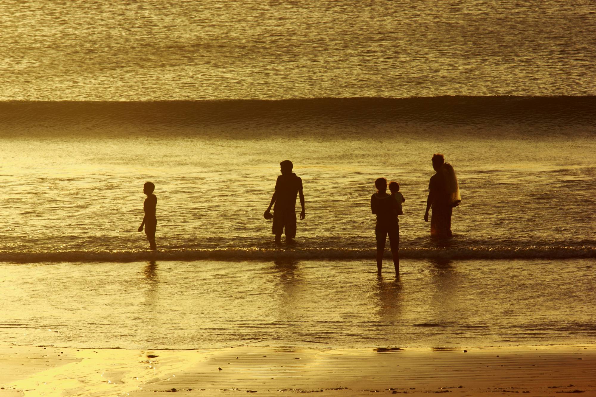 Silhouettes of a family wading in the shallows at golden hour