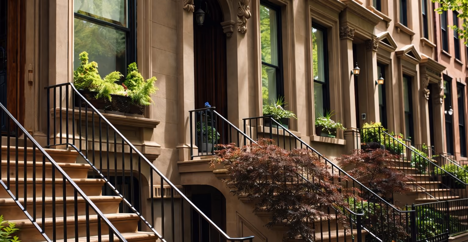 Row of historic brownstone townhouses with stoops and planters