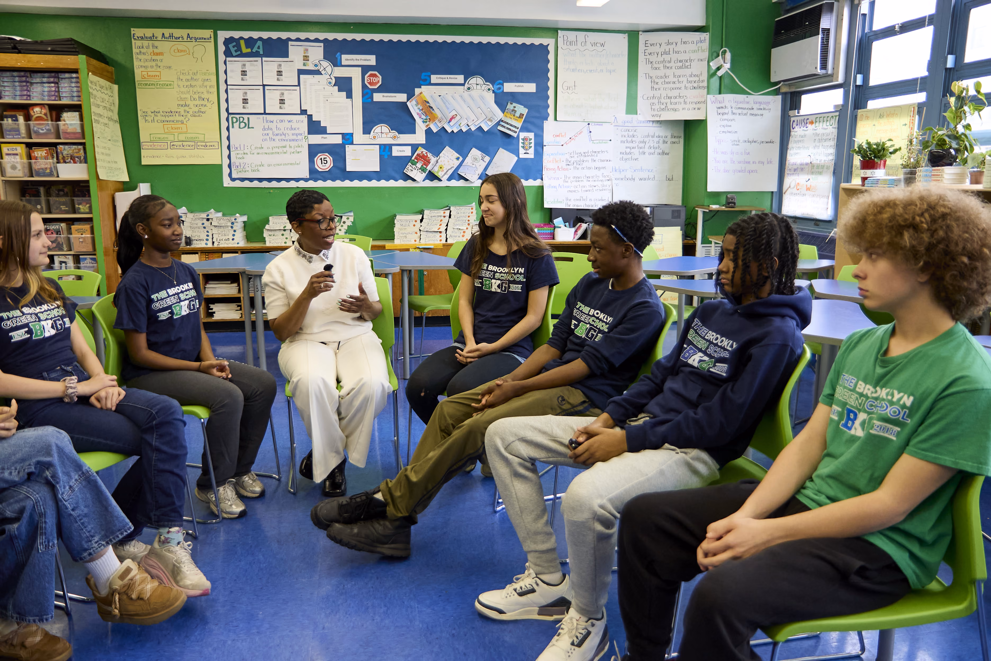 Teacher leading a small group discussion with middle school students