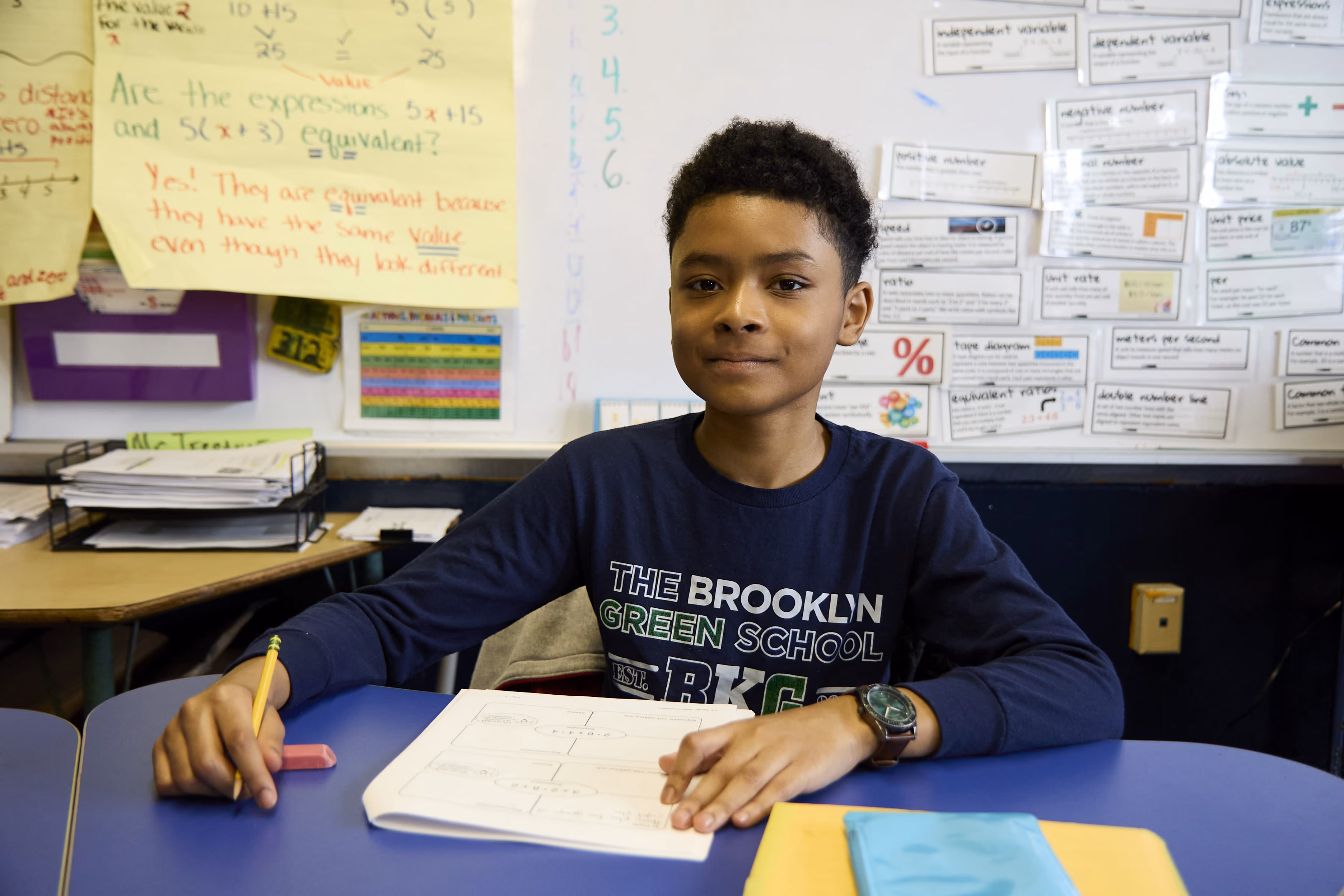 Student sitting at desk with pencil and worksheet in math classroom