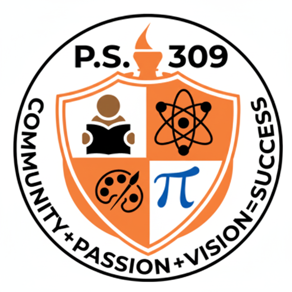 P.S. 309 school logo with torch and academic symbols