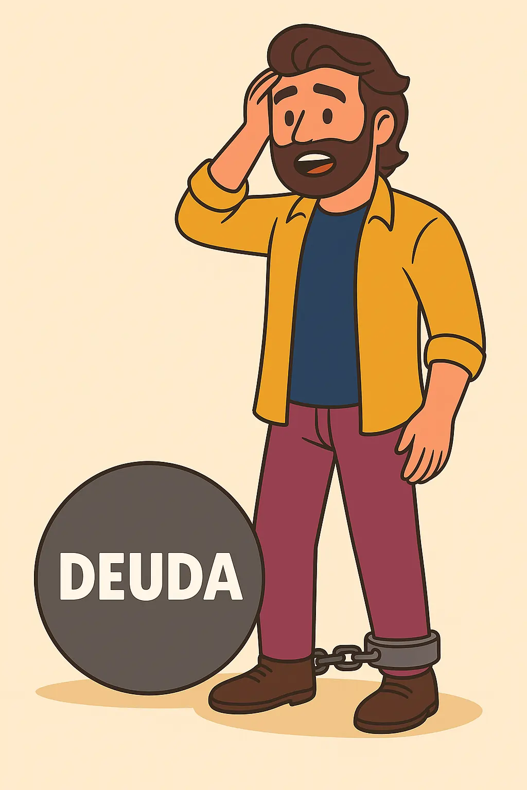 Ilustración de un hombre con expresión preocupada encadenado a una gran bola de hierro con la palabra “DEUDA” escrita, sobre un fondo beige.