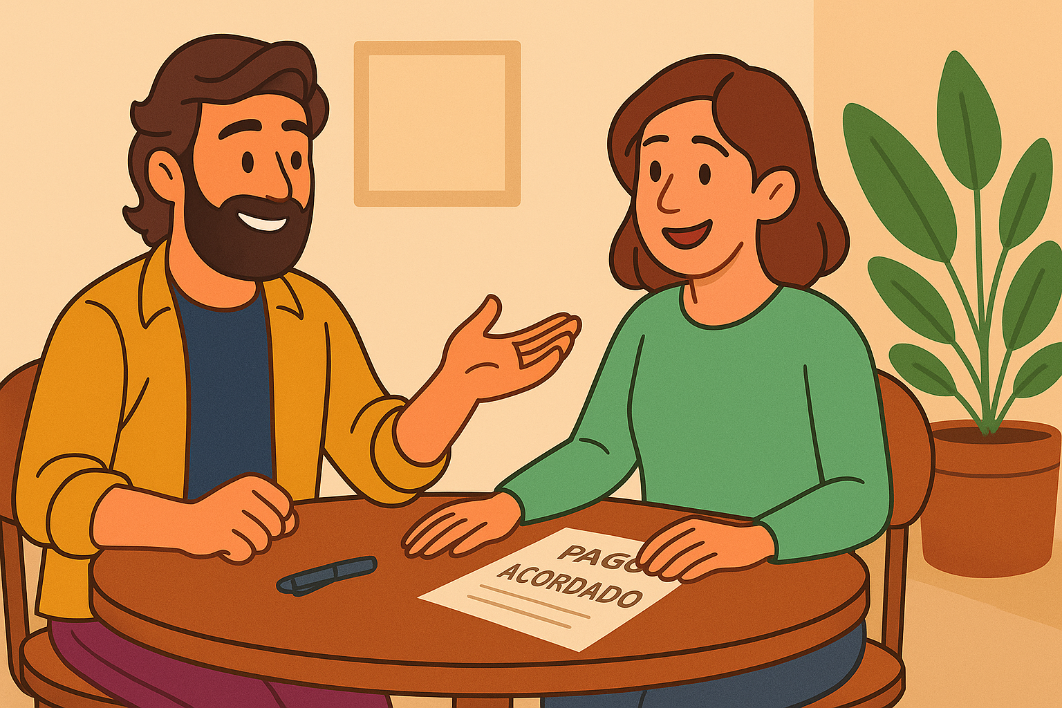 Dos personas conversando en una mesa haciendo un acuerdo.