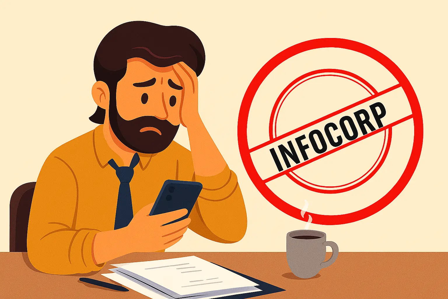 Hombre estresado en su escritorio revisando su celular, con papeles desordenados, una taza de café y el sello de Infocorp al fondo.