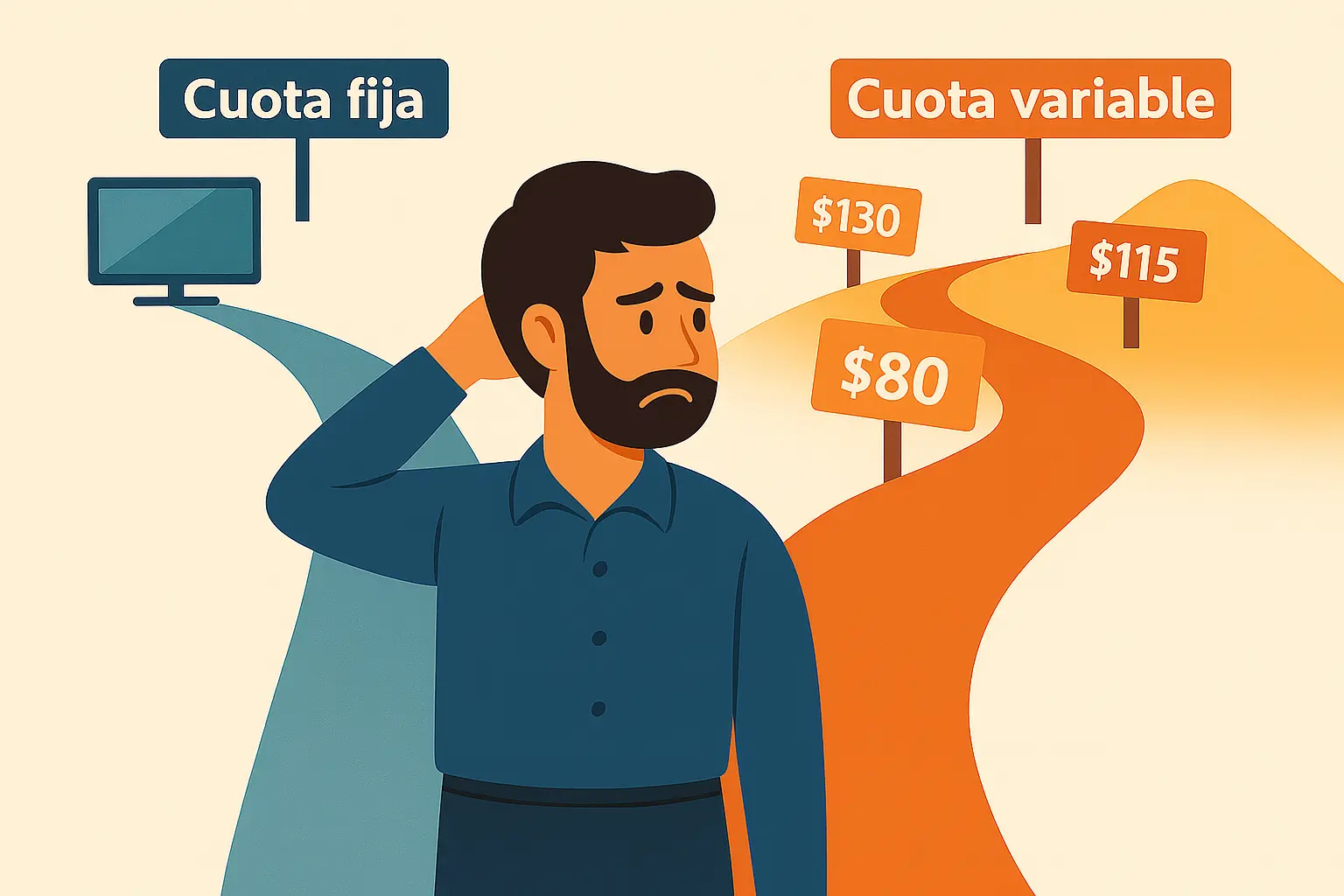 Hombre pensativo frente a dos caminos: uno con “cuota fija” y otro con “cuota variable” que muestra montos diferentes como $80, $115 y $130.