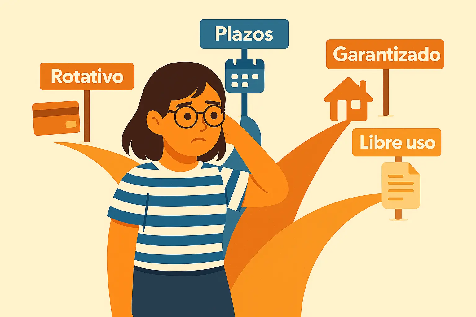 Mujer con expresión de duda frente a señales que indican tipos de crédito: rotativo, a plazos, garantizado y de libre uso.
