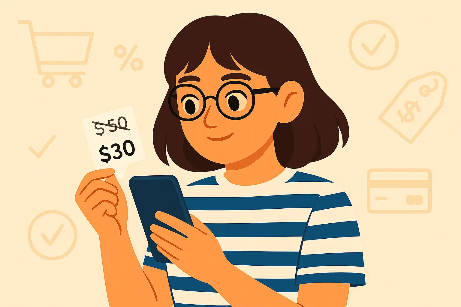 Mujer revisando su celular mientras sostiene un cartel de oferta que muestra un precio rebajado de $50 a $30, rodeada de íconos de compra y ahorro.