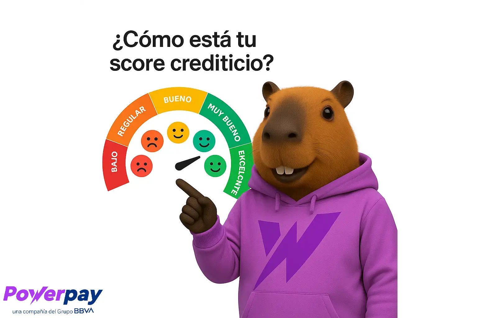 Capibara con polera morada señalando un medidor de score crediticio que va de “Bajo” a “Excelente”, acompañado del texto “¿Cómo está tu score crediticio?” sobre fondo blanco.