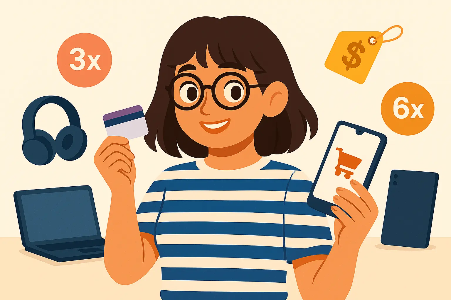 Mujer sonriendo mientras sostiene una tarjeta y un celular con ícono de carrito de compras; a su alrededor hay íconos de cuotas 3x y 6x, junto a productos electrónicos.
