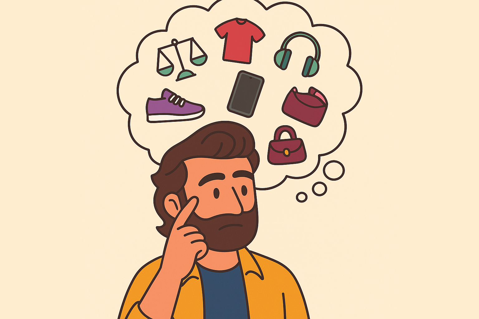 Hombre pensativo con una burbuja de pensamiento que muestra objetos de consumo como ropa, calzado, tecnología y accesorios, representando el deseo de comprar impulsivamente.