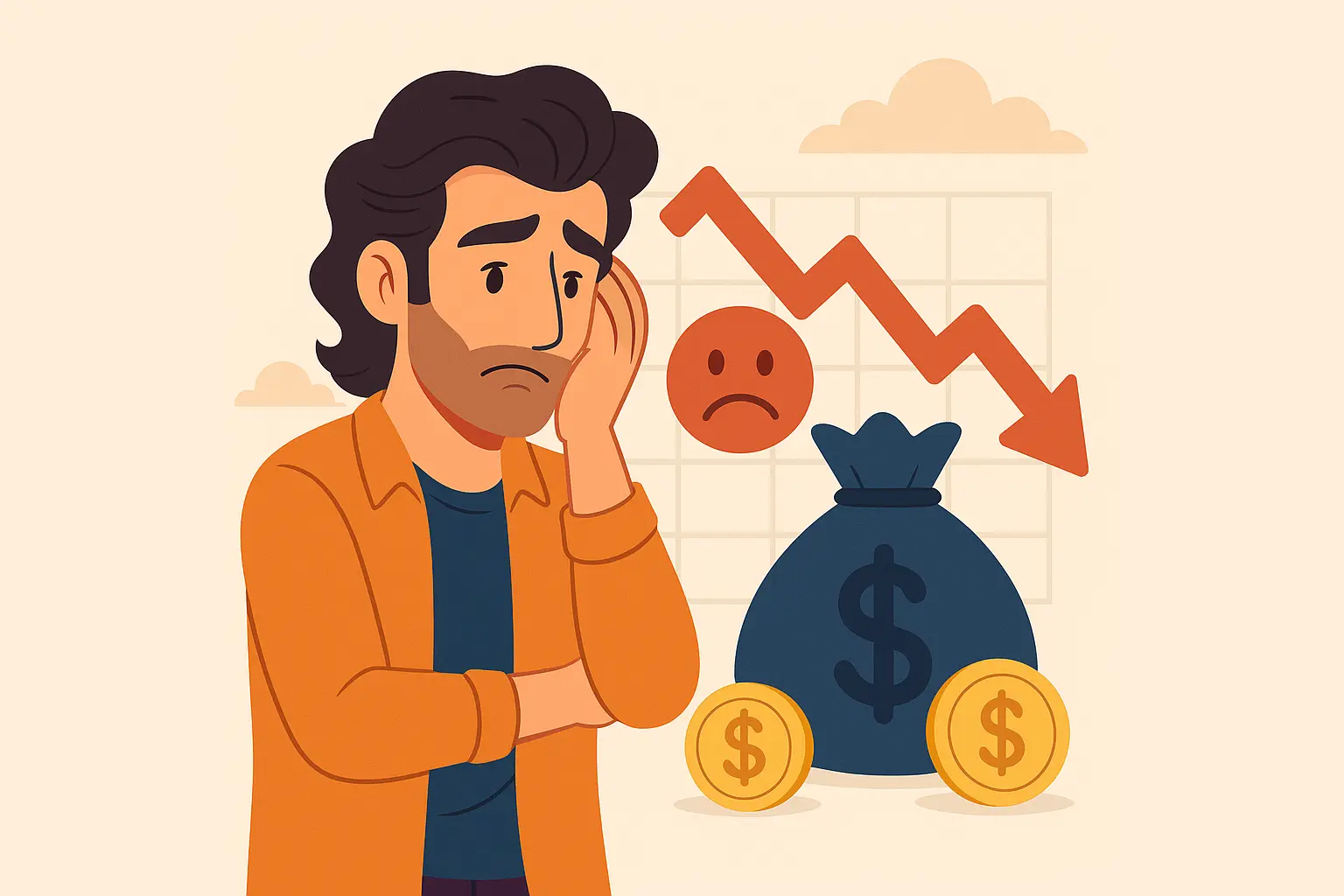 Ilustración de un hombre con expresión preocupada frente a una gráfica con flecha roja descendente, una bolsa de dinero y monedas, representando una situación financiera difícil o pérdida económica.