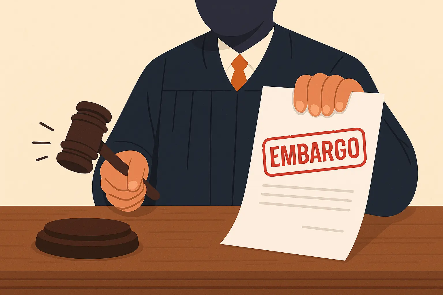 Ilustración de un juez con mazo en la mano y un documento legal con la palabra “EMBARGO” en letras rojas, sobre un escritorio de madera.