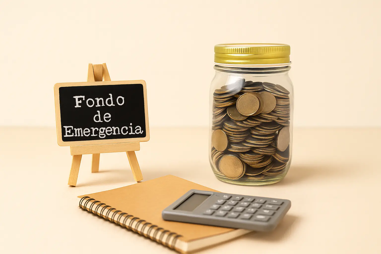Frasco lleno de monedas junto a una calculadora y cuaderno, símbolo de planificación financiera para un fondo de emergencia.