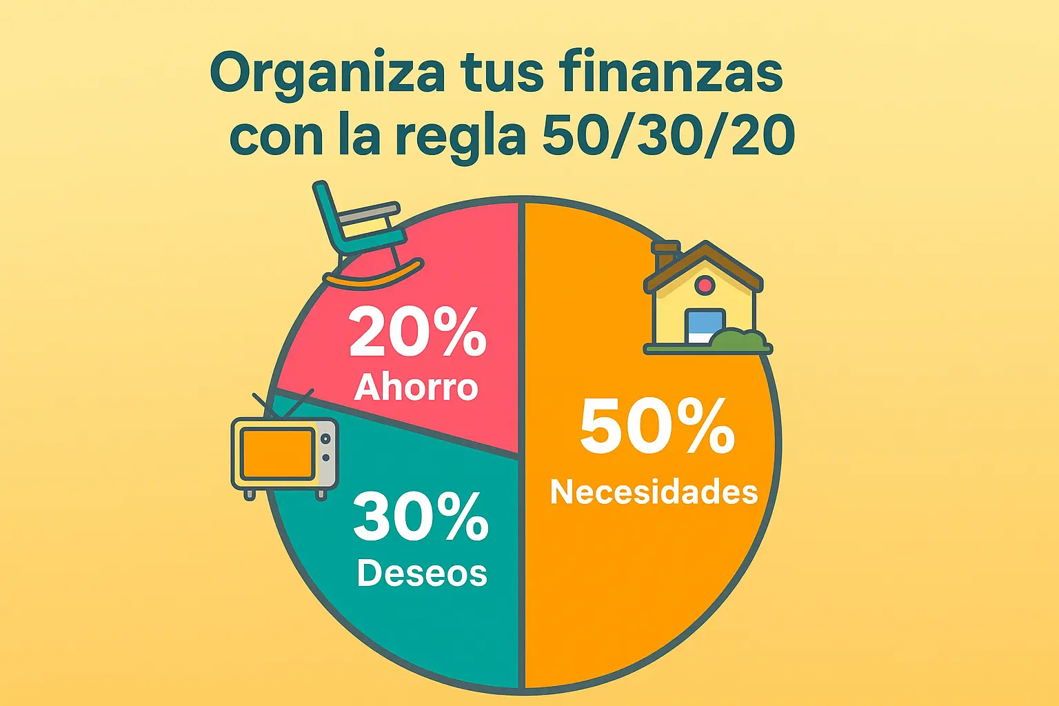 Gráfico de pastel que muestra la regla 50/30/20: 50% necesidades, 30% deseos y 20% ahorro, con íconos representativos.