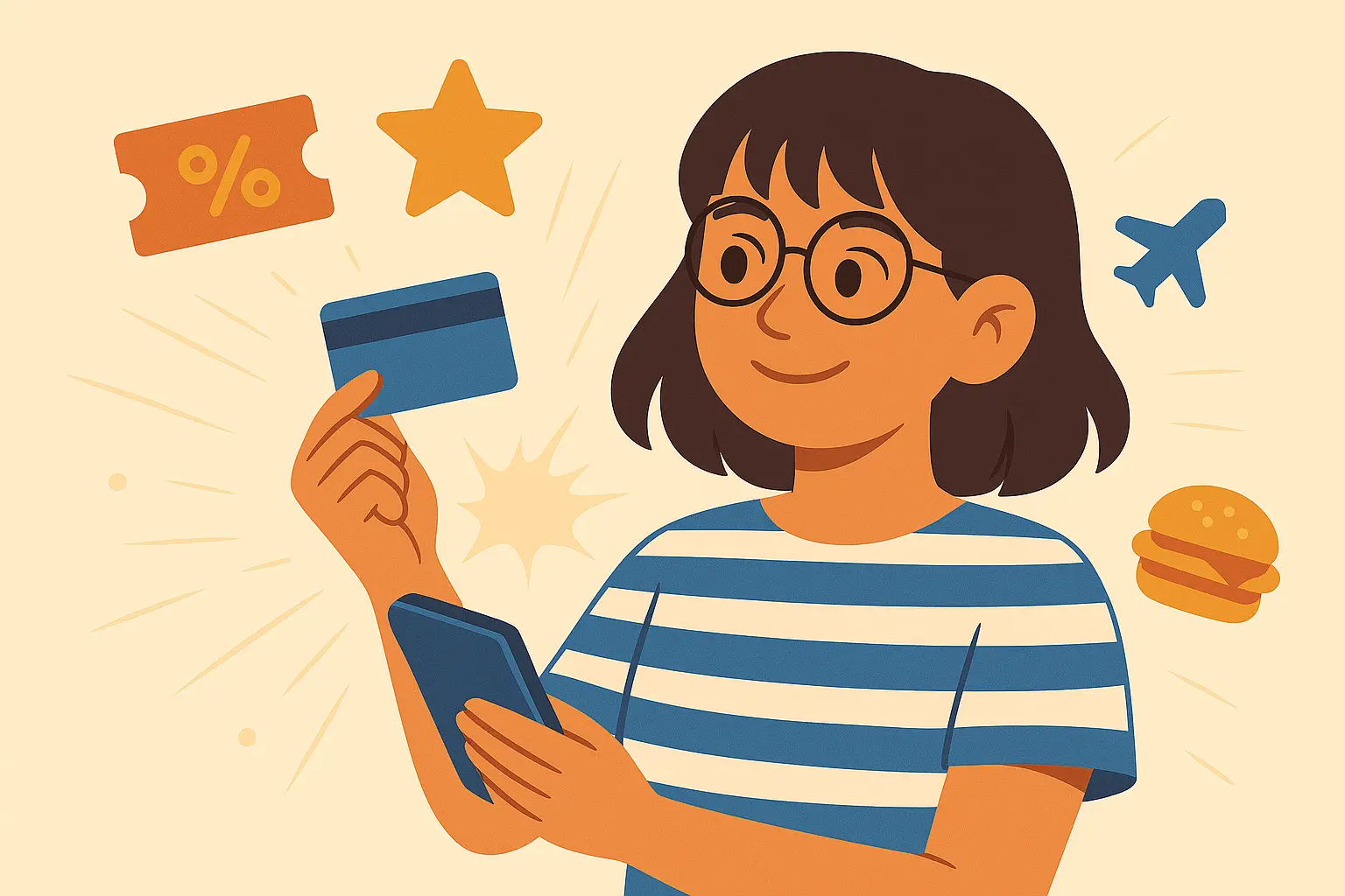 Mujer con tarjeta y smartphone, activa beneficios pagando en una cuota