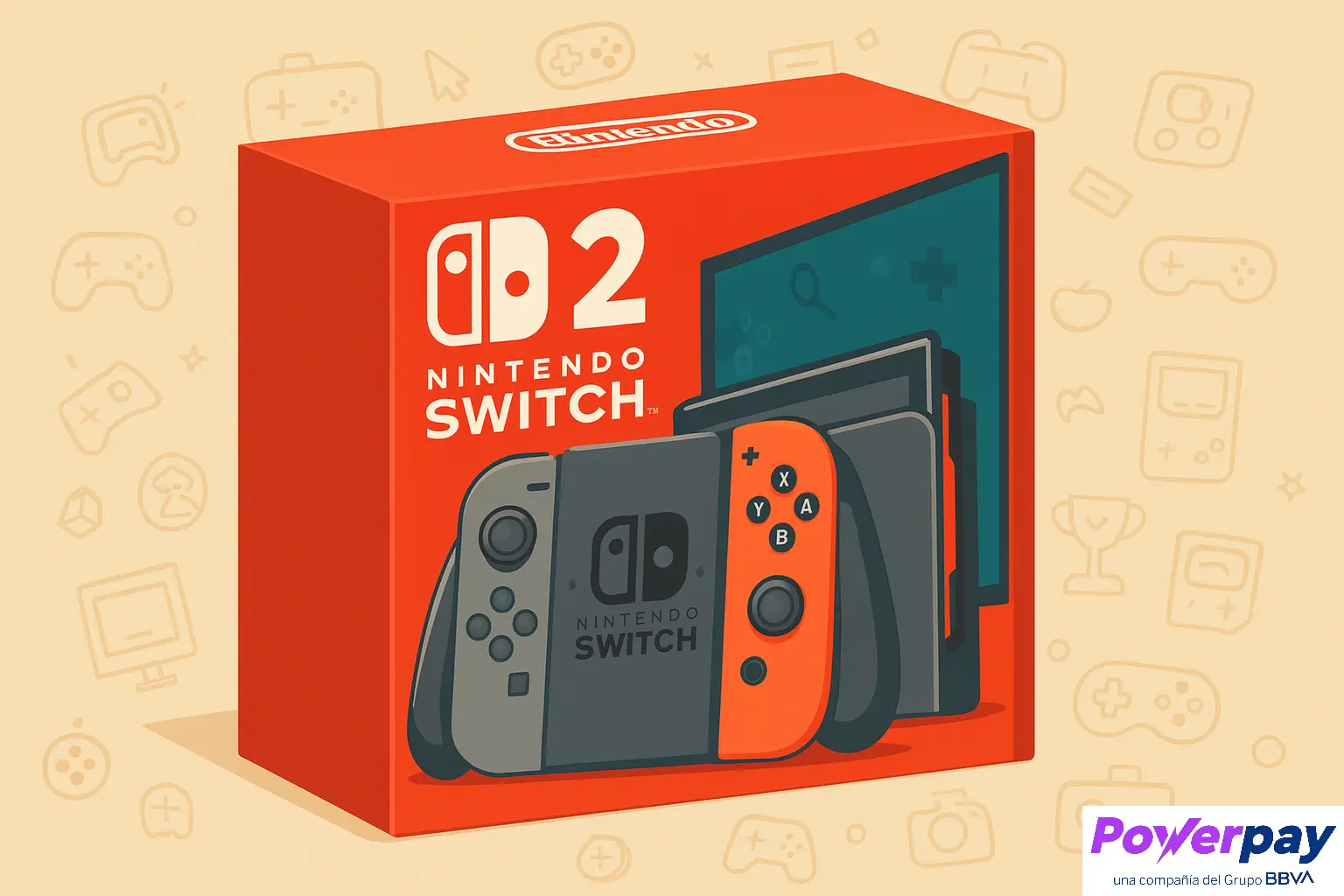 Consola Nintendo Switch 2 con Joy-Con 2 y pantalla HDR, ilustrada sobre fondo beige con iconos de videojuegos, enfocada en consumo inteligente y pago en cuotas.