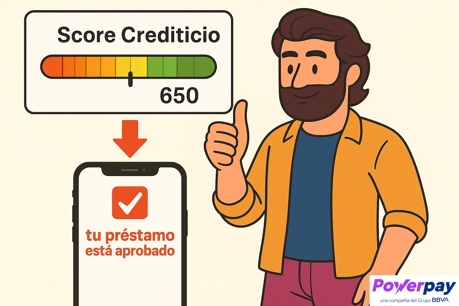 Hombre sonriente señalando su score crediticio aprobado en un gráfico, junto a un celular con mensaje de préstamo aprobado