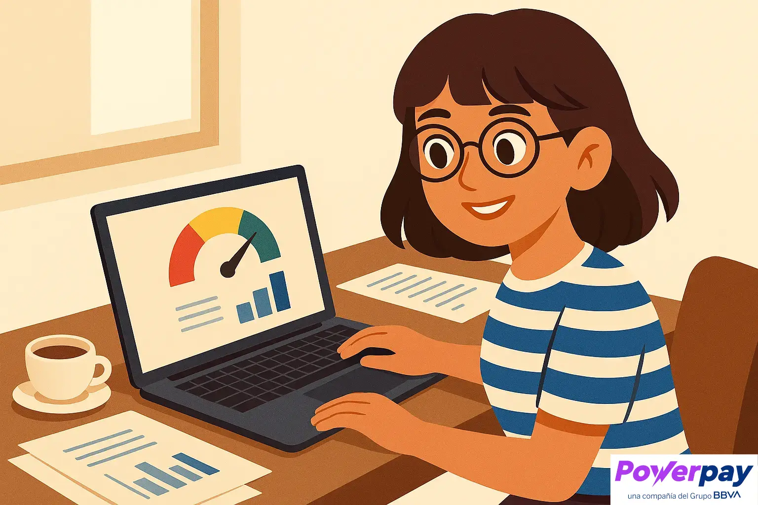 Ilustración plana de una mujer usando una laptop en un escritorio con gráficos de score crediticio en pantalla, documentos y una taza de café.