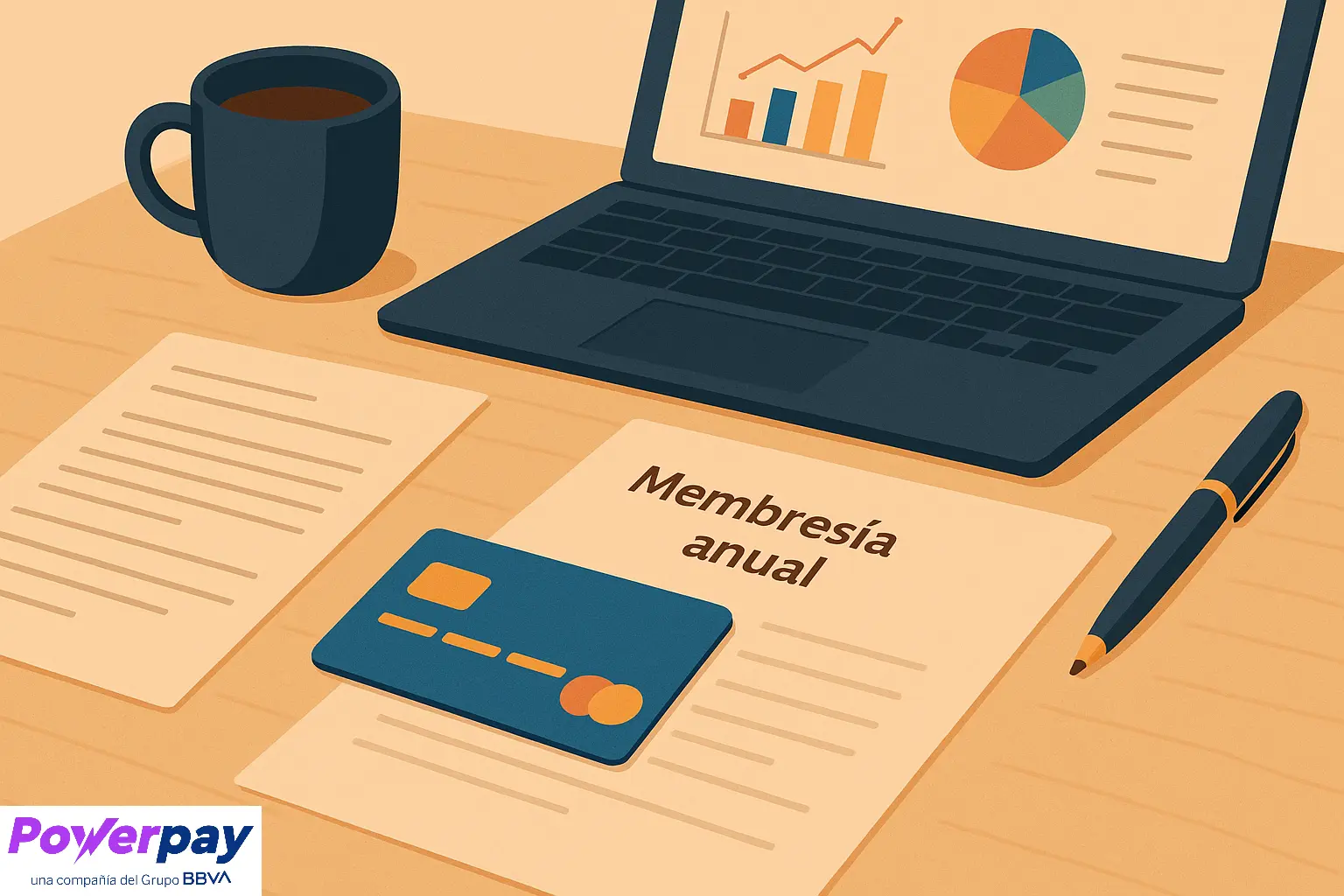Ilustración de una mesa organizada con una tarjeta de crédito sobre un documento marcado como Membresía anual, junto a una laptop con gráficos financieros, una taza de café y un bolígrafo.