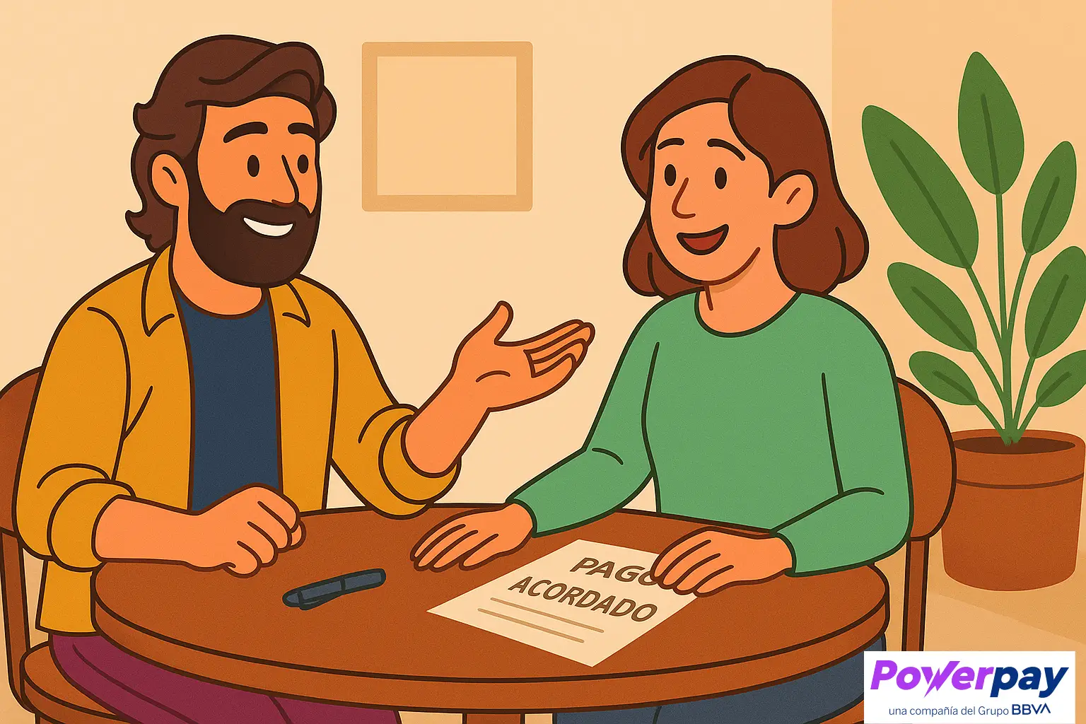 Dos personas conversando en una mesa haciendo un acuerdo.