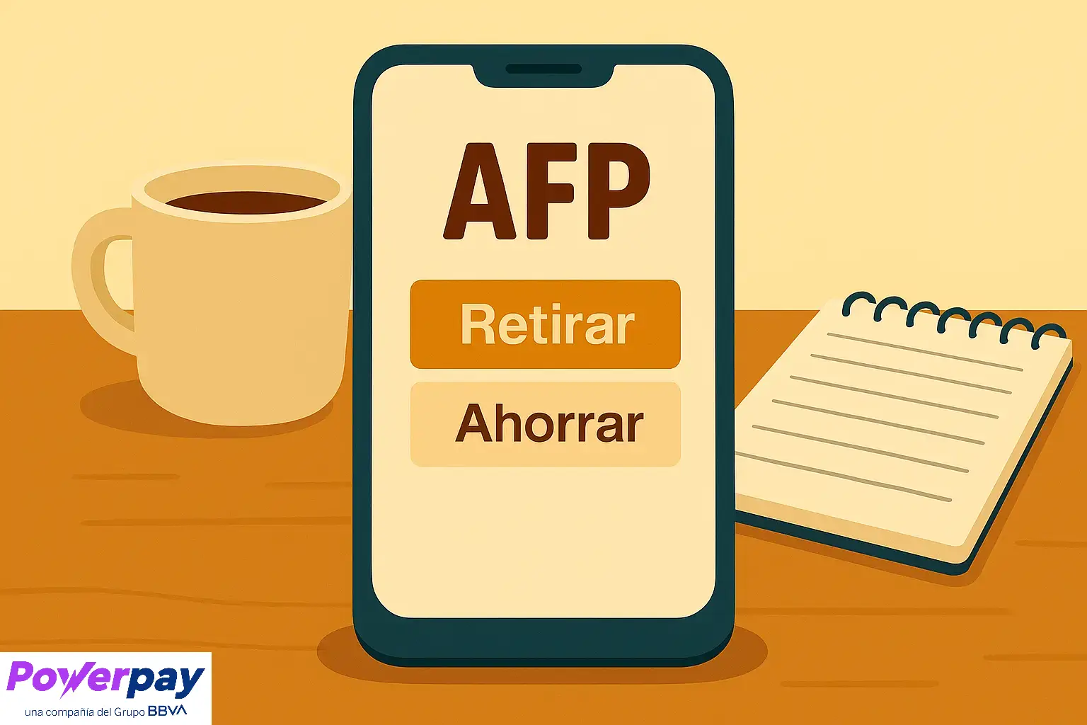 Ilustración de un celular con las opciones Retirar o Ahorrar del fondo AFP, sobre una mesa con taza de café y cuaderno, con el logo de Powerpay en la esquina inferior izquierda.