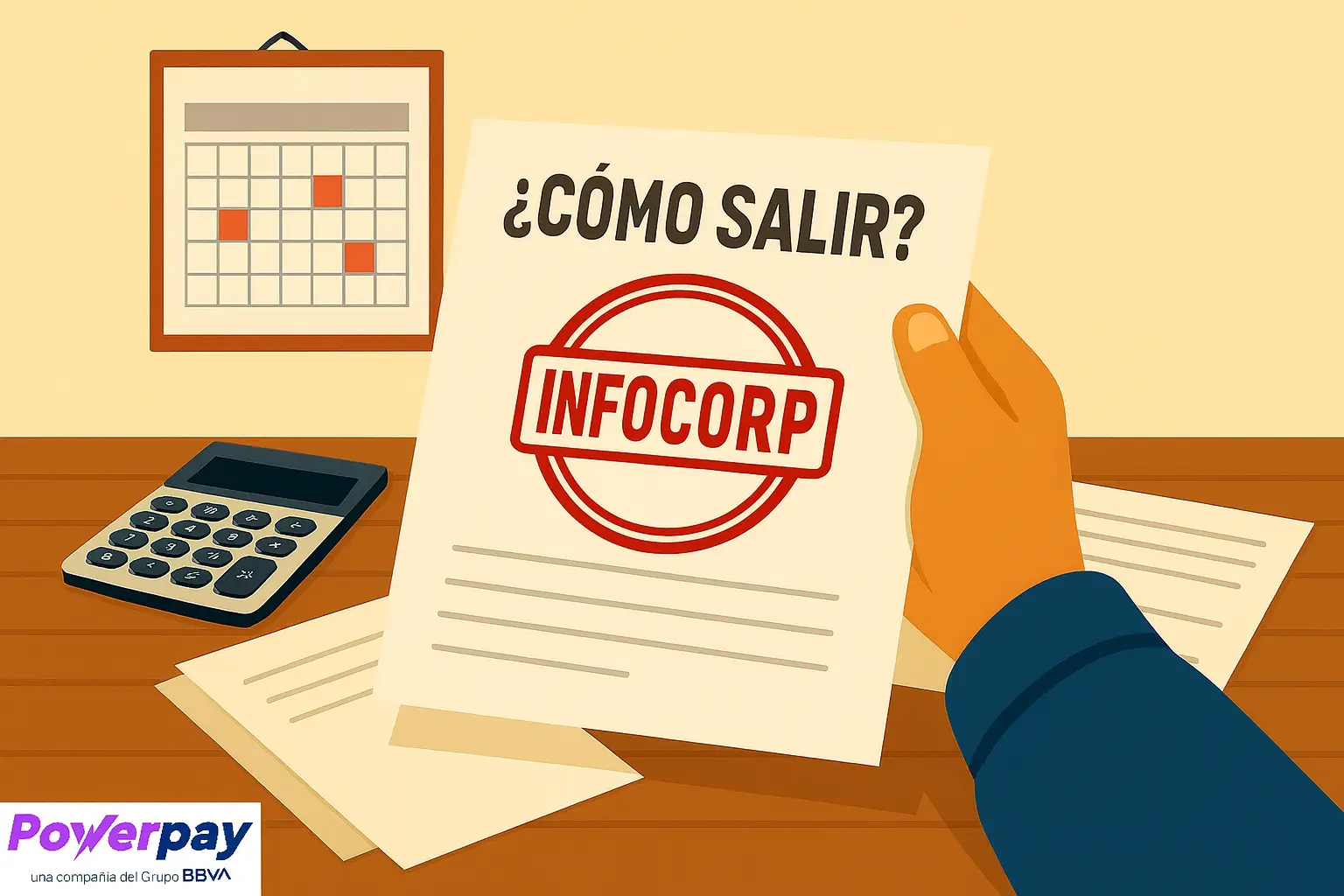 Hombre enfocado en un documento basado en como salir de infocorp. Se aprecia un calendario y una calculadora.