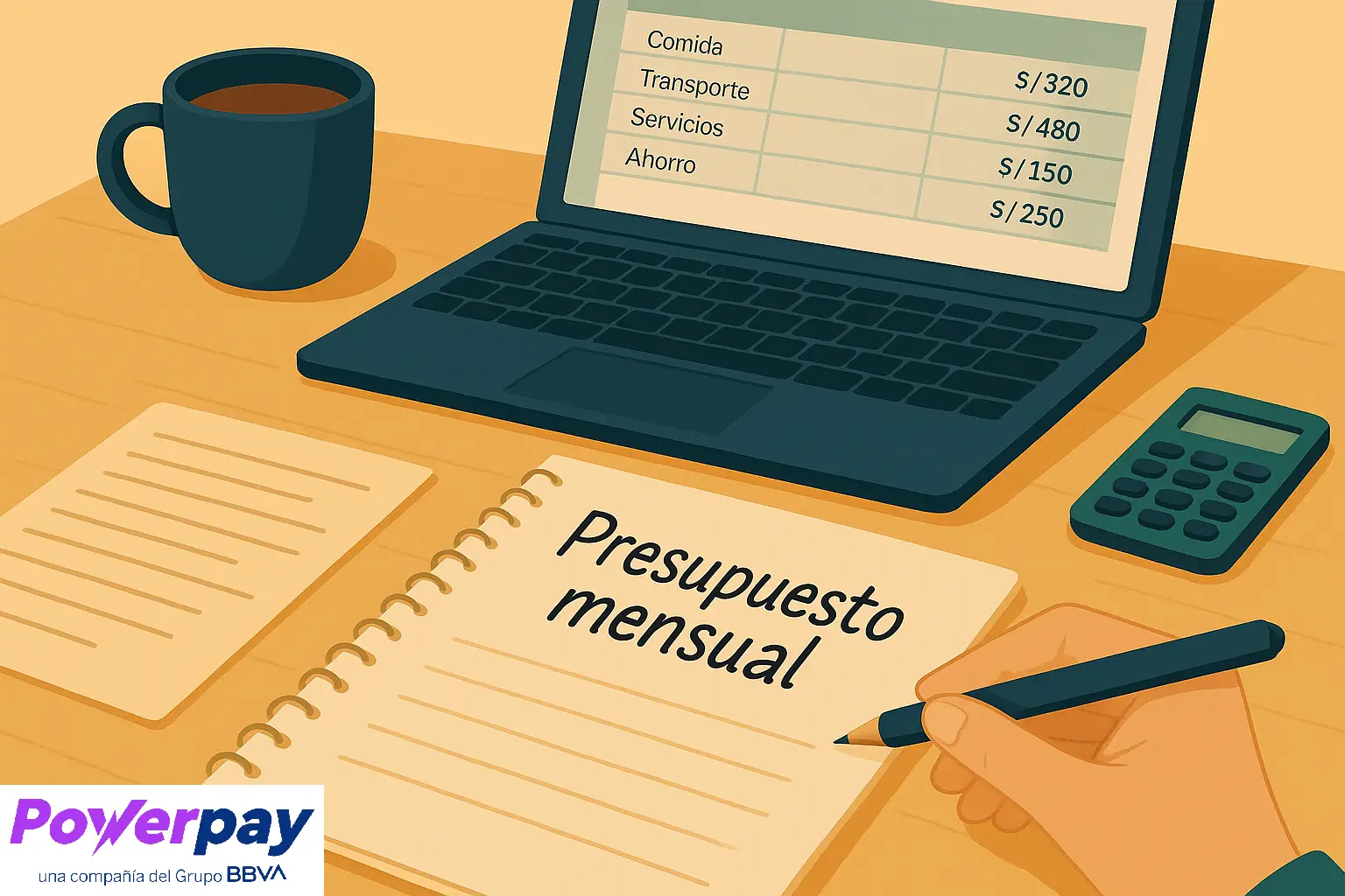 Hombre escribiendo en un bloc su presupuesto mensual, con una laptop con un excel con el detalle. A su lado está una calculadora y una taza de cafe.