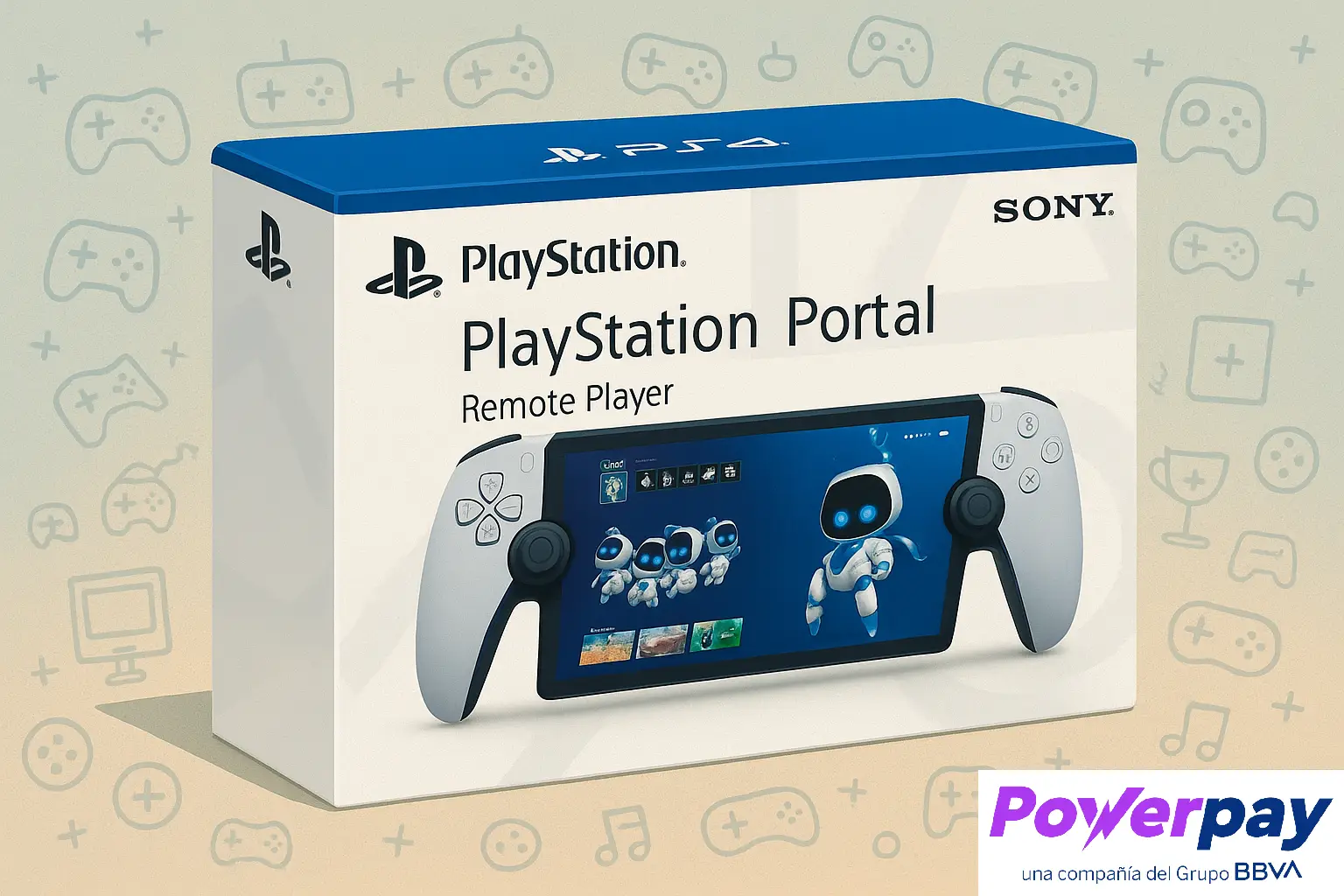 Vista de una PlayStation Portal incluyendo la presentación del producto.