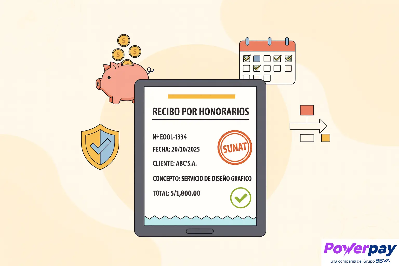 Muestra un recibo por honorarios emitido, con la mención de la Sunat. Contiene imágenes de un calendario y ahorro.