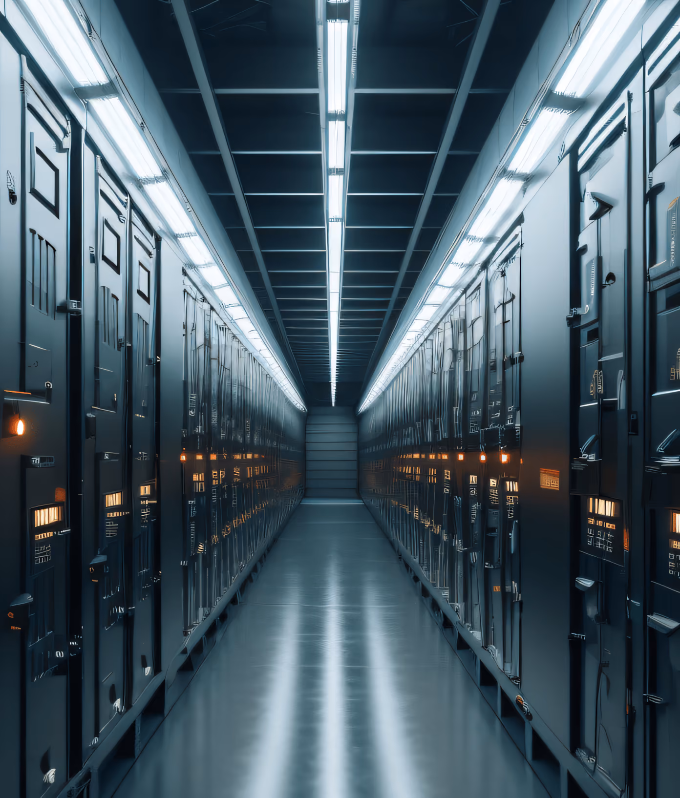Long corridor of high-density server racks inside modern data center