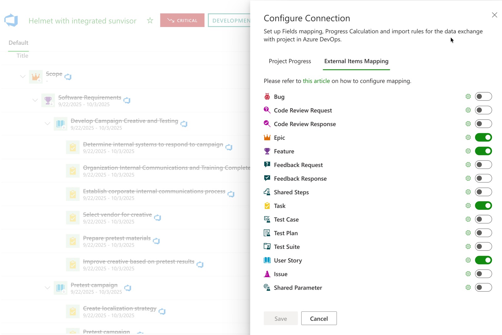 Azure DevOps connection settings in PPM Express, with read-only access to boards