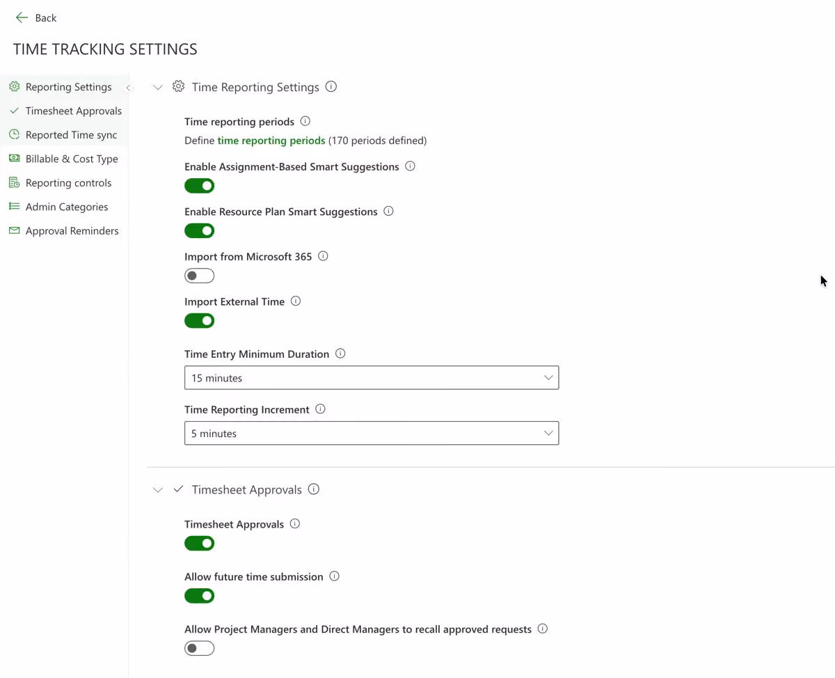 Time reporting periods configuration showing open and closed periods in sequence