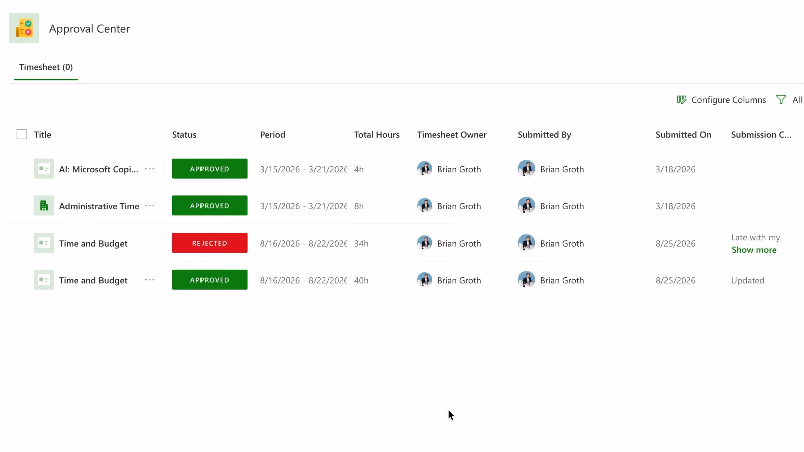PPM Express Approval Center listing timesheets pending approval with their status