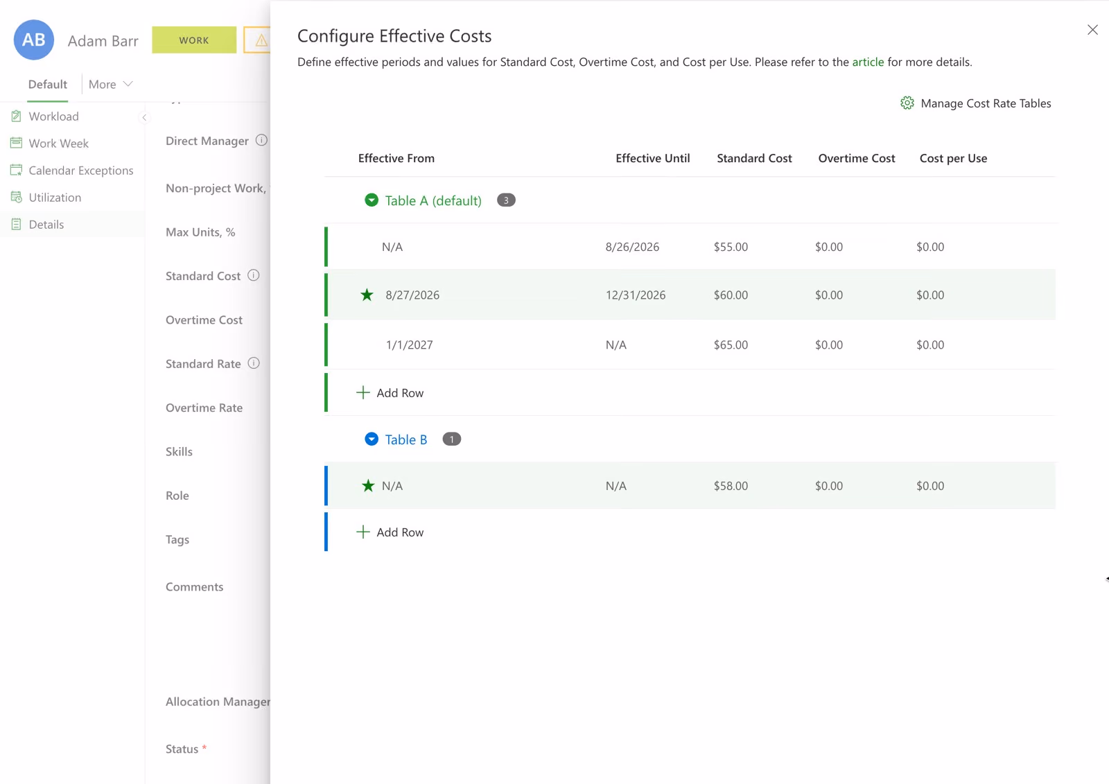 Cost rate table showing standard and overtime cost and charge rates with effective date periods