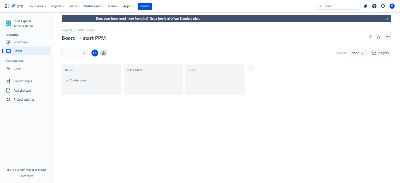 Jira's board interface with PPM Express board on it