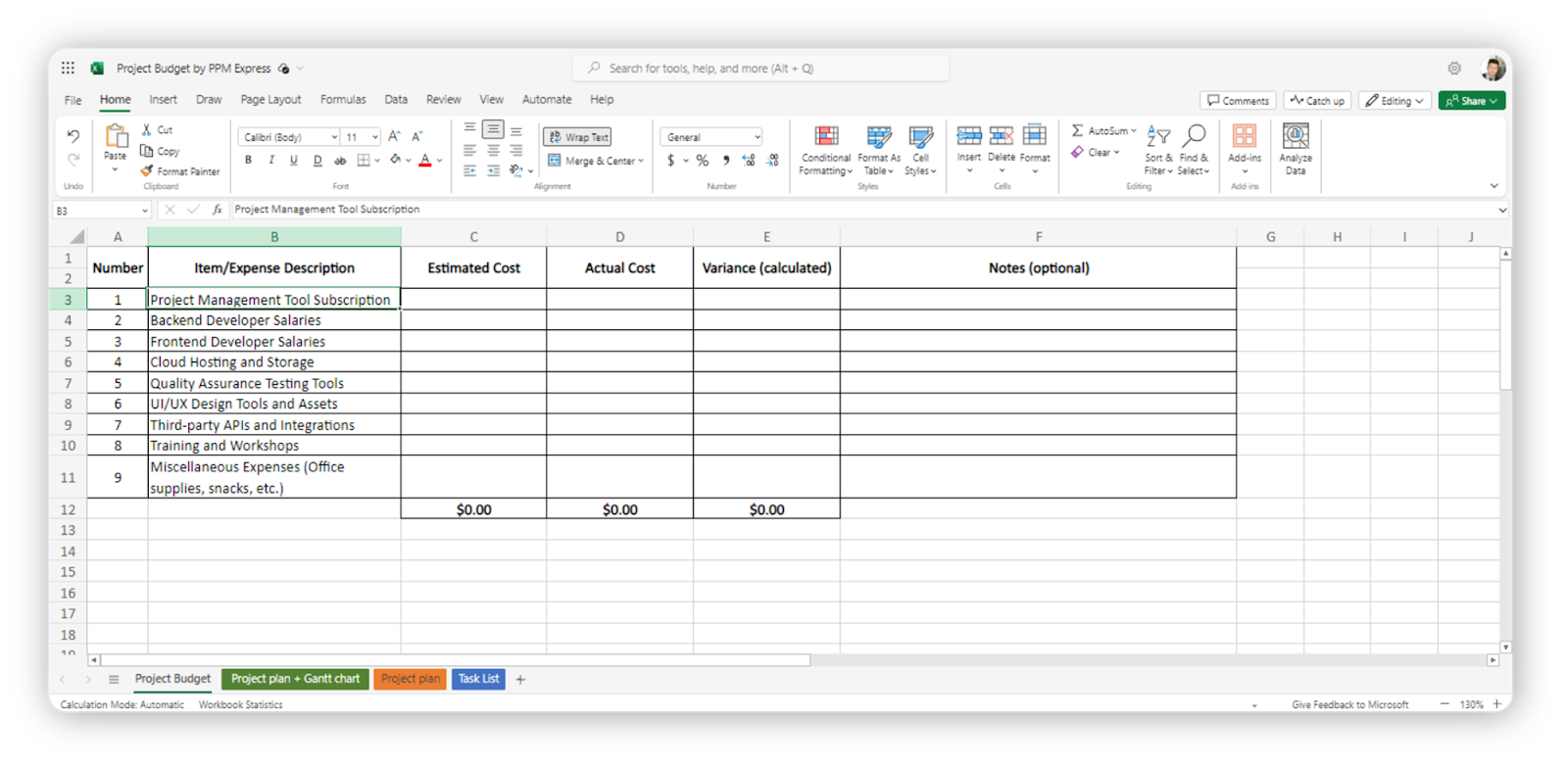budget excel template