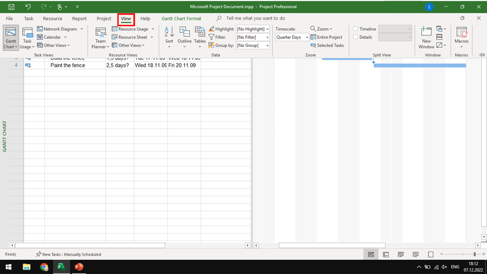How to change view in MS Project Desktop