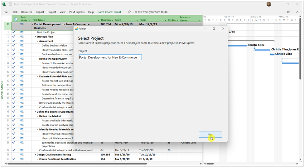 Choose the project menu within Microsoft Project
