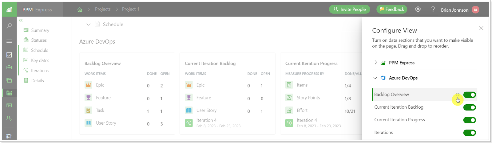 Items in Schedule section can be configured in PPM Express 