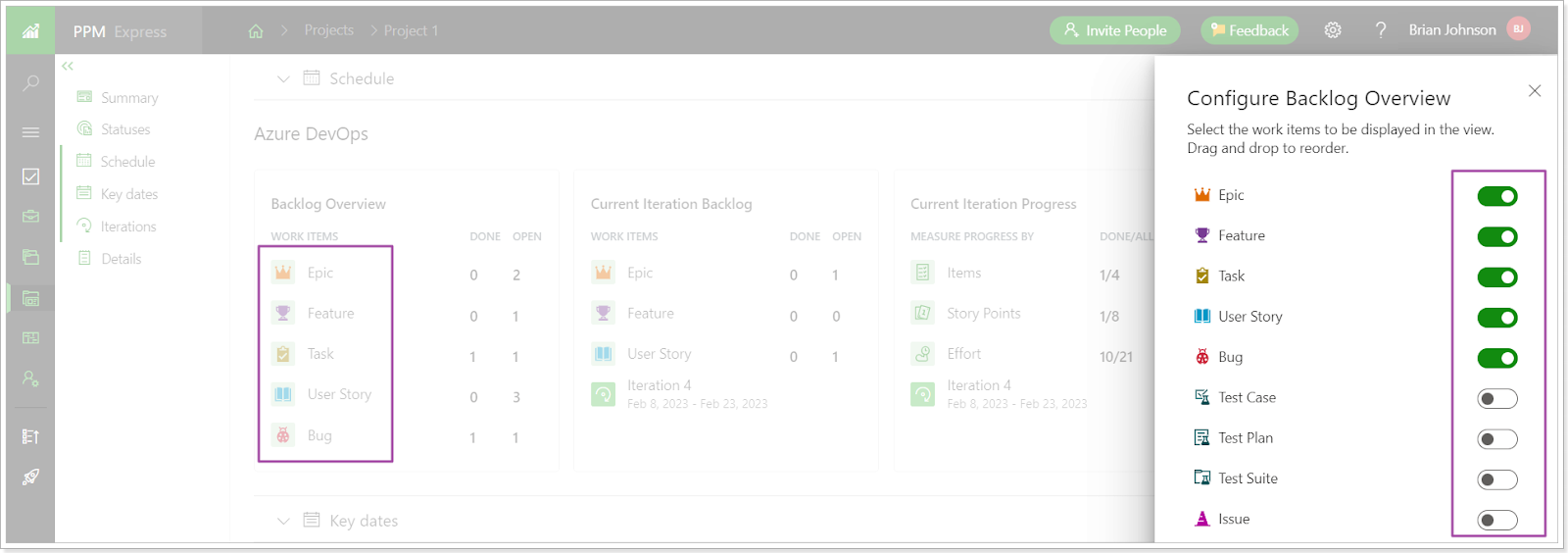 Users can on and off items in Schedule section in PPM Express