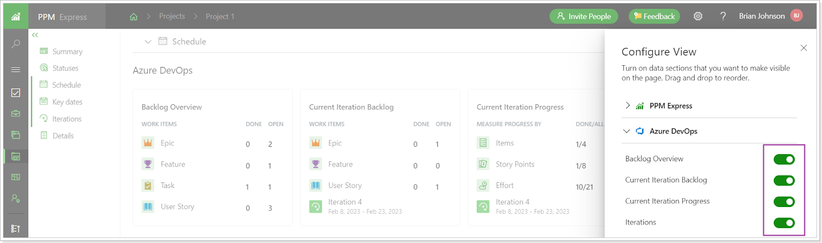 Schedule section configure view in PPM Express